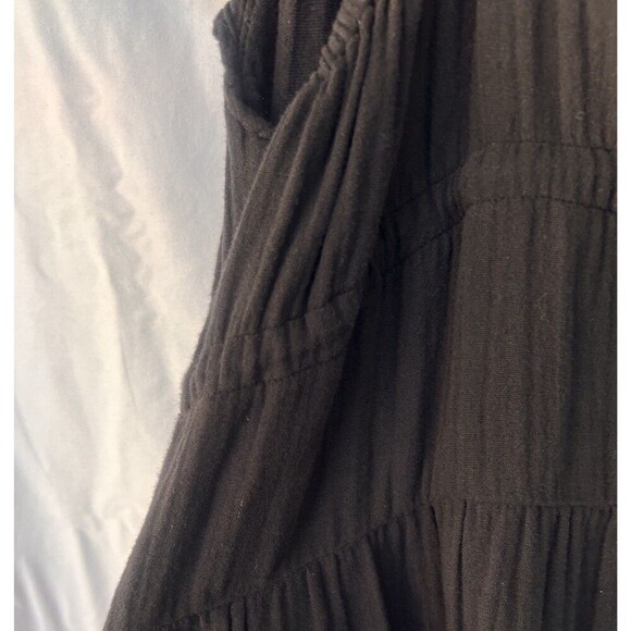 Xirena Black Tiered Mini Dress V Neck Flutter Sleeves Bow Drawstring Flowy Gauze - Picture 7 of 9